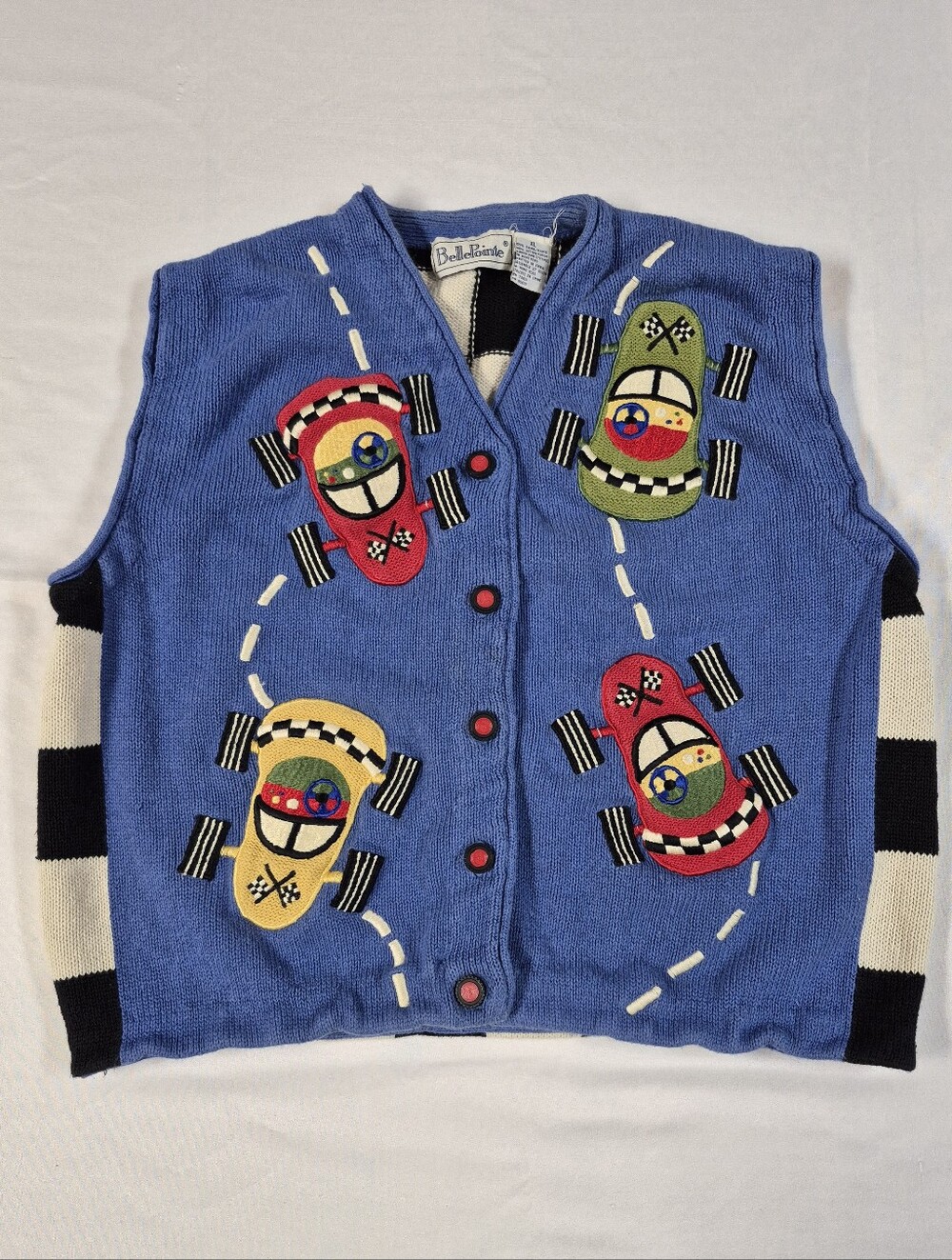 VTG BellePointe Race Car Sweater Vest Women XL Blue 90s Novelty Checker Flag